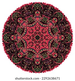 Mandala. Tracery wheel image. Mehndi design. Dark toxic colors. Ethnic doodle art. Curved doodling picture. Vector