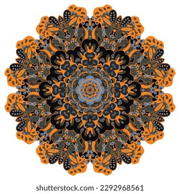 Mandala. Tracery wheel image. Mehndi design. Dark toxic colors. Ethnic doodle art. Curved doodling picture. Vector