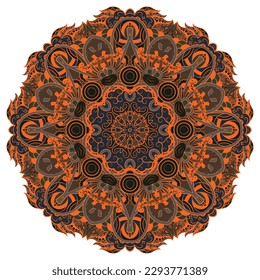 Mandala. Tracery wheel image. Mehndi design. Dark toxic colors. Ethnic doodle art. Curved doodling picture. Vector
