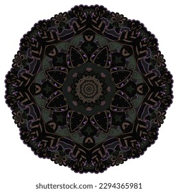 Mandala. Image de roue de trace. Design Mehndi. Des couleurs sombres et toxiques. L'art du gribouillage ethnique. L'image du gribouillage courbe. Image vectorielle