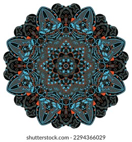 Mandala. Tracery wheel image. Mehndi design. Dark toxic colors. Ethnic doodle art. Curved doodling picture. Vector