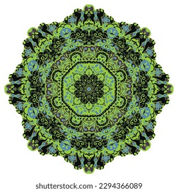 Mandala. Tracery wheel image. Mehndi design. Dark toxic colors. Ethnic doodle art. Curved doodling picture. Vector