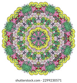 Mandala. Tracery wheel image. Mehndi design. Ethnic doodle art. Curved doodling picture. Vector