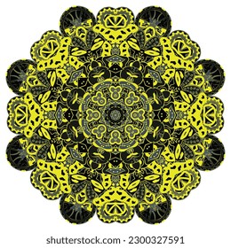 Mandala. Tracery wheel image. Mehndi design. Dark toxic colors. Ethnic doodle art. Curved doodling picture. Vector