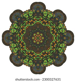 Mandala. Tracery wheel image. Mehndi design. Dark toxic colors. Ethnic doodle art. Curved doodling picture. Vector