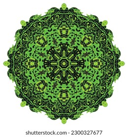 Mandala. Tracery wheel image. Mehndi design. Dark toxic colors. Ethnic doodle art. Curved doodling picture. Vector
