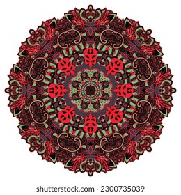 Mandala. Tracery wheel image. Mehndi design. Dark toxic colors. Ethnic doodle art. Curved doodling picture. Vector