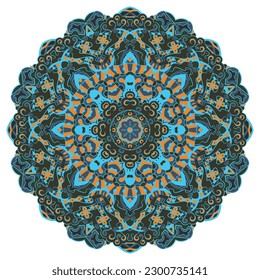 Mandala. Tracery wheel image. Mehndi design. Dark toxic colors. Ethnic doodle art. Curved doodling picture. Vector