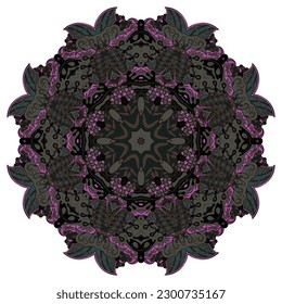 Mandala. Tracery wheel image. Mehndi design. Dark toxic colors. Ethnic doodle art. Curved doodling picture. Vector