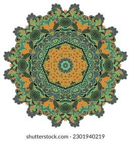 Mandala. Tracery wheel image. Mehndi design. Dark toxic colors. Ethnic doodle art. Curved doodling picture. Vector
