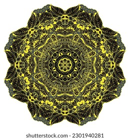 Mandala. Tracery wheel image. Mehndi design. Dark toxic colors. Ethnic doodle art. Curved doodling picture. Vector