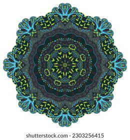 Mandala. Tracery wheel image. Mehndi design. Dark toxic colors. Ethnic doodle art. Curved doodling picture. Vector