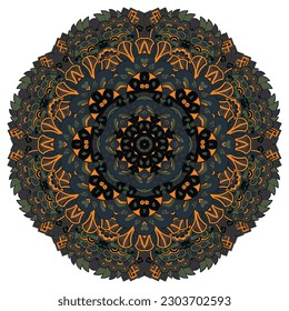 Mandala. Tracery wheel image. Mehndi design. Dark toxic colors. Ethnic doodle art. Curved doodling picture. Vector