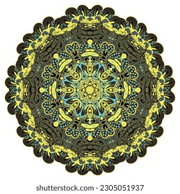 Mandala. Tracery wheel image. Mehndi design. Dark toxic colors. Ethnic doodle art. Curved doodling picture. Vector
