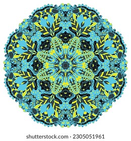 Mandala. Tracery wheel image. Mehndi design. Dark toxic colors. Ethnic doodle art. Curved doodling picture. Vector