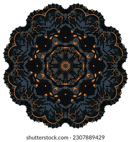 Mandala. Tracery wheel image. Mehndi design. Dark toxic colors. Ethnic doodle art. Curved doodling picture. Vector