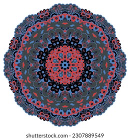 Mandala. Tracery wheel image. Mehndi design. Dark toxic colors. Ethnic doodle art. Curved doodling picture. Vector
