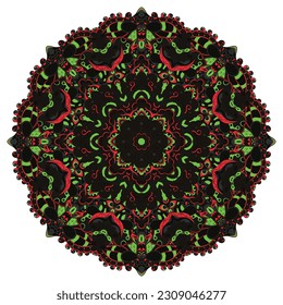 Mandala. Tracery wheel image. Mehndi design. Dark toxic colors. Ethnic doodle art. Curved doodling picture. Vector