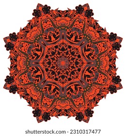 Mandala. Tracery wheel image. Mehndi design. Dark toxic colors. Ethnic doodle art. Curved doodling picture. Vector