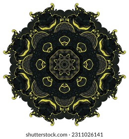 Mandala. Tracery wheel image. Mehndi design. Dark toxic colors. Ethnic doodle art. Curved doodling picture. Vector