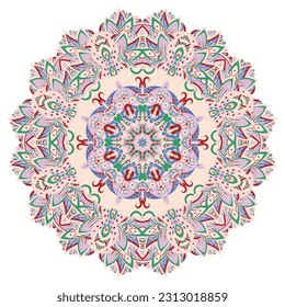 Mandala. Tracery wheel image. Mehndi design. Ethnic doodle art. Curved doodling picture. Vector