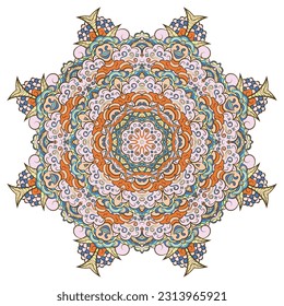 Mandala. Tracery wheel image. Mehndi design. Ethnic doodle art. Curved doodling picture. Vector