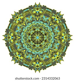 Mandala. Tracery wheel image. Mehndi design. Dark toxic colors. Ethnic doodle art. Curved doodling picture. Vector