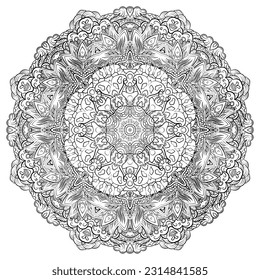 Mandala. Tracery wheel image. Mehndi design. Binary monochrome black and white. Ethnic doodle art. Curved doodling picture. Vector