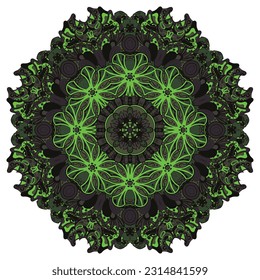 Mandala. Tracery wheel image. Mehndi design. Dark toxic colors. Ethnic doodle art. Curved doodling picture. Vector