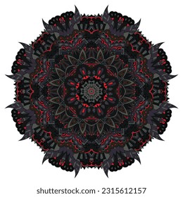 Mandala. Tracery wheel image. Mehndi design. Dark toxic colors. Ethnic doodle art. Curved doodling picture. Vector