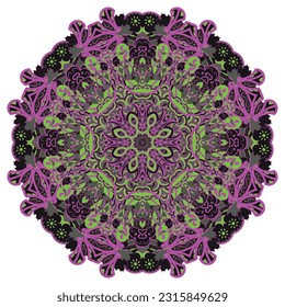 Mandala. Tracery wheel image. Mehndi design. Dark toxic colors. Ethnic doodle art. Curved doodling picture. Vector
