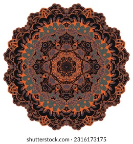 Mandala. Tracery wheel image. Mehndi design. Dark toxic colors. Ethnic doodle art. Curved doodling picture. Vector