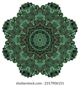 Mandala. Tracery wheel image. Mehndi design. Dark toxic colors. Ethnic doodle art. Curved doodling picture. Vector