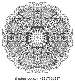 Mandala. Tracery wheel image. Mehndi design. Binary monochrome black and white. Ethnic doodle art. Curved doodling picture. Vector