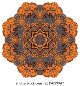 Mandala. Tracery wheel image. Mehndi design. Dark toxic colors. Ethnic doodle art. Curved doodling picture. Vector