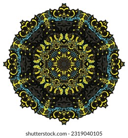 Mandala. Tracery wheel image. Mehndi design. Dark toxic colors. Ethnic doodle art. Curved doodling picture. Vector