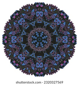 Mandala. Tracery wheel image. Mehndi design. Dark toxic colors. Ethnic doodle art. Curved doodling picture. Vector