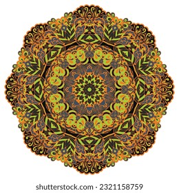Mandala. Tracery wheel image. Mehndi design. Dark toxic colors. Ethnic doodle art. Curved doodling picture. Vector