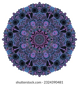 Mandala. Tracery wheel image. Mehndi design. Dark toxic colors. Ethnic doodle art. Curved doodling picture. Vector