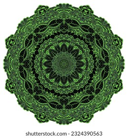 Mandala. Tracery wheel image. Mehndi design. Dark toxic colors. Ethnic doodle art. Curved doodling picture. Vector
