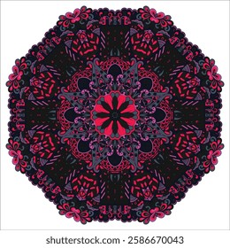 Mandala. Tracery wheel image. Mehndi design. Dark toxic colors. Ethnic doodle art. Curved doodling picture. Vector