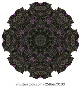 Mandala. Tracery wheel image. Mehndi design. Dark toxic colors. Ethnic doodle art. Curved doodling picture. Vector