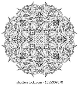 Mandala, tracery wheel mehndi design. Ethnic ornament, doodle symmetry texture. Folk traditional spiritual tribal design. Curved doodling mehndi motif. Binary monochrome black and white art. Vector.