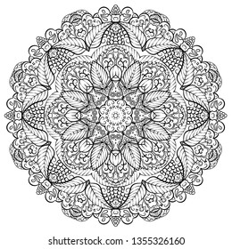 Mandala, tracery wheel mehndi design. Ethnic ornament, doodle symmetry texture. Folk traditional spiritual tribal design. Curved doodling mehndi motif. Binary monochrome black and white art. Vector.