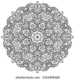 Mandala, tracery wheel mehndi design. Ethnic ornament, doodle symmetry texture. Folk traditional spiritual tribal design. Curved doodling mehndi motif. Binary monochrome black and white art. Vector.