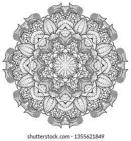 Mandala, tracery wheel mehndi design. Ethnic ornament, doodle symmetry texture. Folk traditional spiritual tribal design. Curved doodling mehndi motif. Binary monochrome black and white art. Vector.