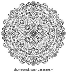 Mandala, tracery wheel mehndi design. Ethnic ornament, doodle symmetry texture. Folk traditional spiritual tribal design. Curved doodling mehndi motif. Binary monochrome black and white art. Vector.