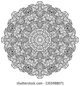 Mandala, tracery wheel mehndi design. Ethnic ornament, doodle symmetry texture. Folk traditional spiritual tribal design. Curved doodling mehndi motif. Binary monochrome black and white art. Vector.