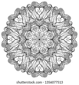 Mandala, tracery wheel mehndi design. Ethnic ornament, doodle symmetry texture. Folk traditional spiritual tribal design. Curved doodling mehndi motif. Binary monochrome black and white art. Vector.