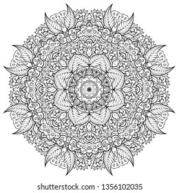 Mandala, tracery wheel mehndi design. Ethnic ornament, doodle symmetry texture. Folk traditional spiritual tribal design. Curved doodling mehndi motif. Binary monochrome black and white art. Vector.